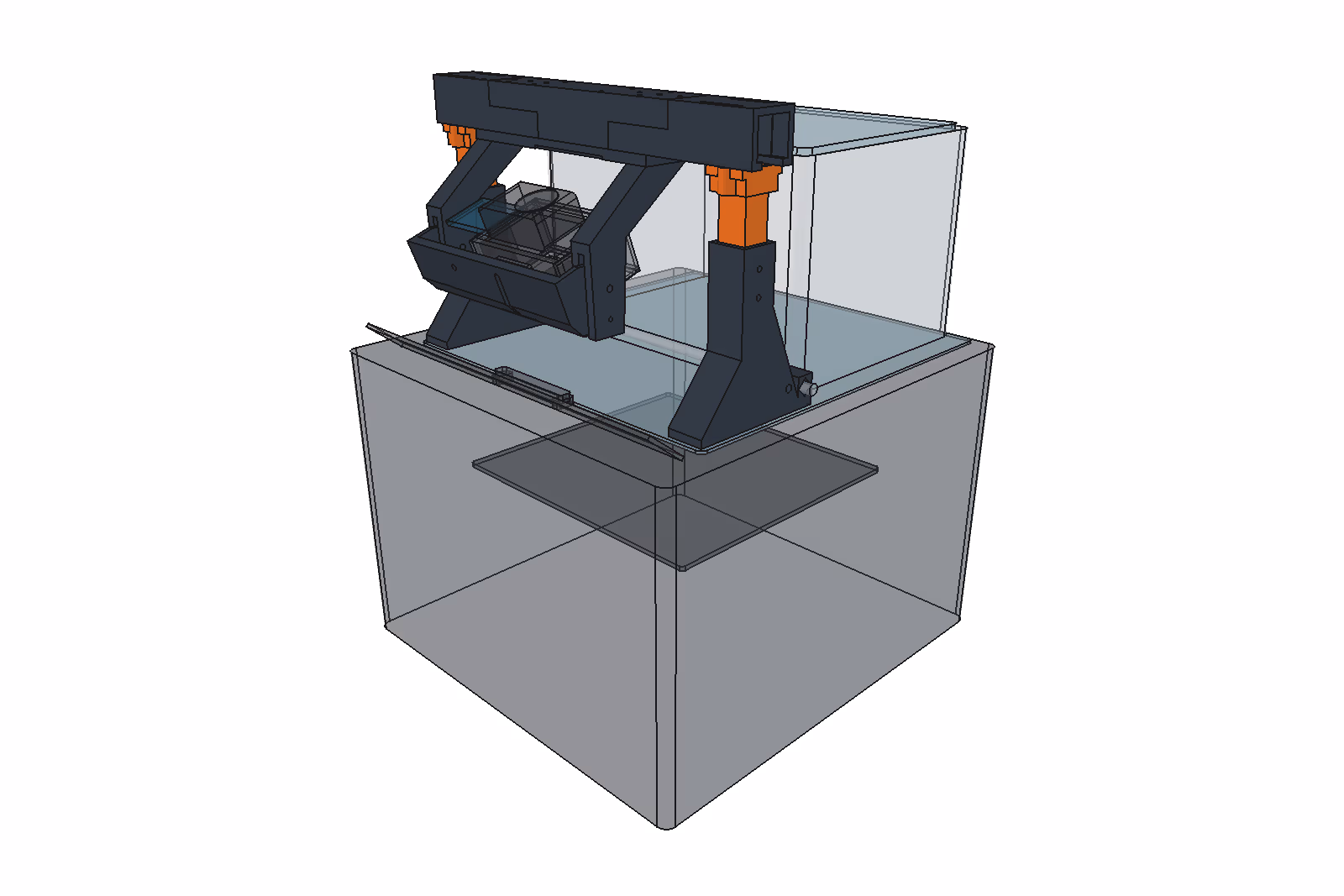 Overhead camera gantry, Adjustable 320–400 mm, AMS, 20° / 17.25 mm, 77% bed view: on the H2S top glass, clear of the automatic vent and rear AMS 2 Pro