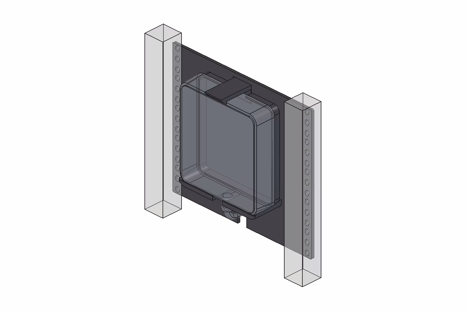 Power board bracket, 5U · Sealed: on the rear posts of a 10-inch rack with the BLUEQUE power board fitted, from inside the rack