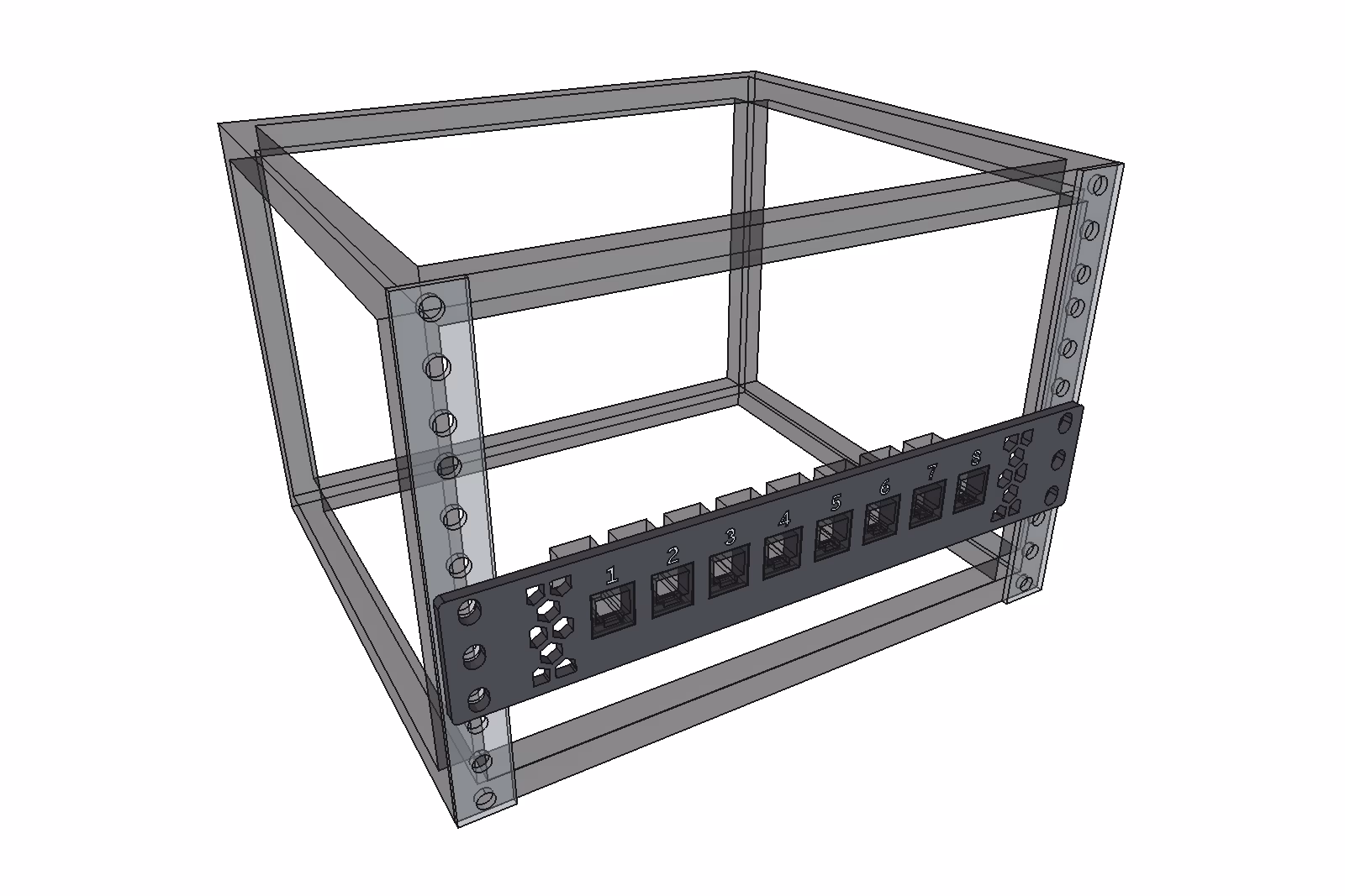 Keystone panel, 1U · 8 · Vented · Numbered: in a 10-inch rack with keystone couplers, from the front