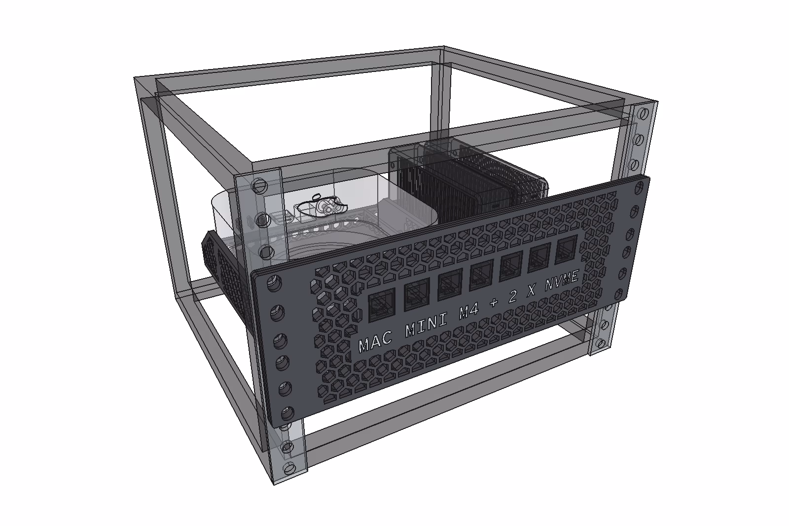 Mac mini bracket, 2U, two NVMe · Keystones · Vented · Labelled: in a 10-inch rack with a Mac mini M4, two NVMe enclosures and keystone couplers, from the front
