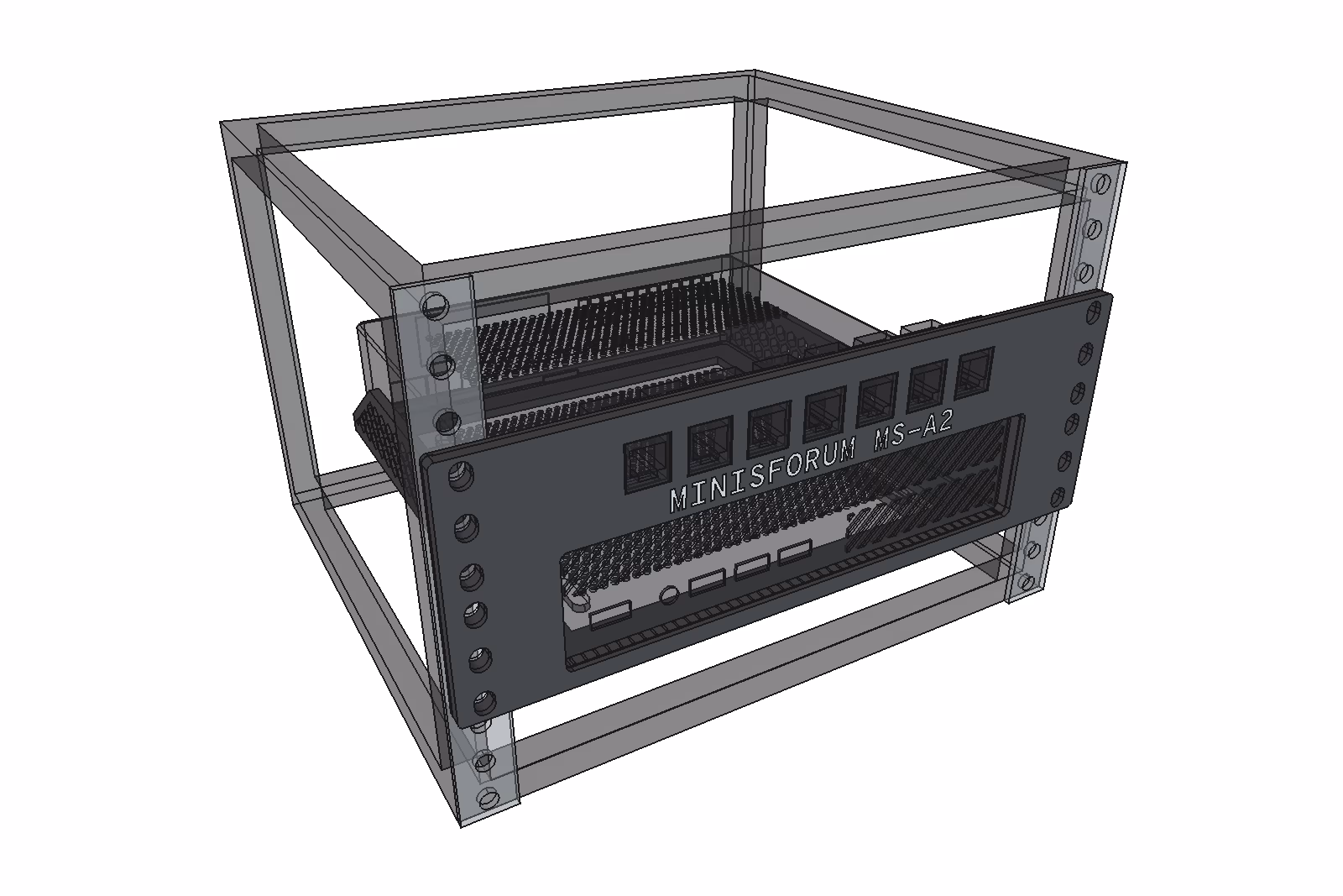 MS-A2 bracket, 2U window · Keystones · Through window · Labelled: in a 10-inch rack with a Minisforum MS-A2 and keystone couplers, from the front