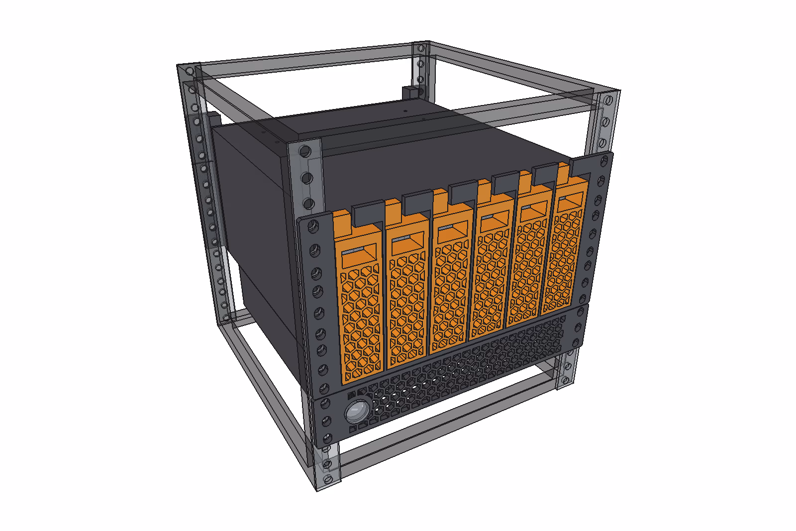 3U drive cage: the NAS in a 10-inch rack with six drives on snap latch sleds, from the front