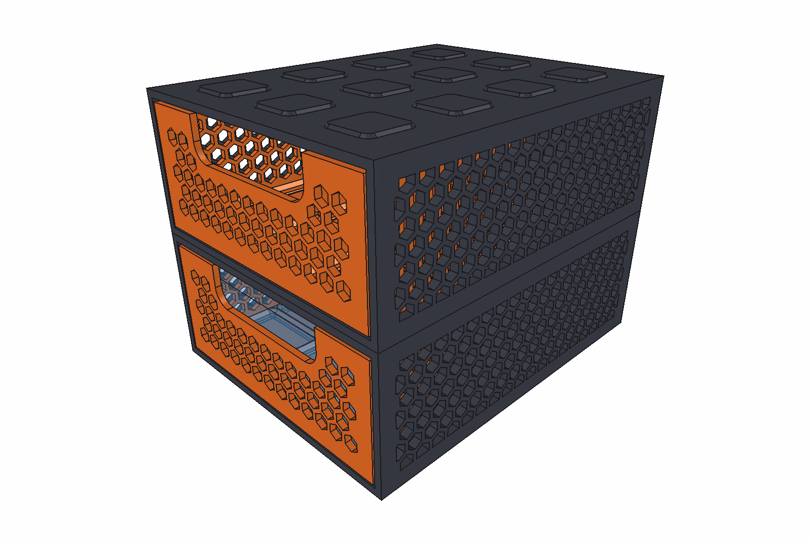 Gridfinity drawer system, 3 · 4 · 6U · Gridfinity · Vented · No panel: two modules stacked on locating pads aligned to their internal 42 mm Gridfinity lattice