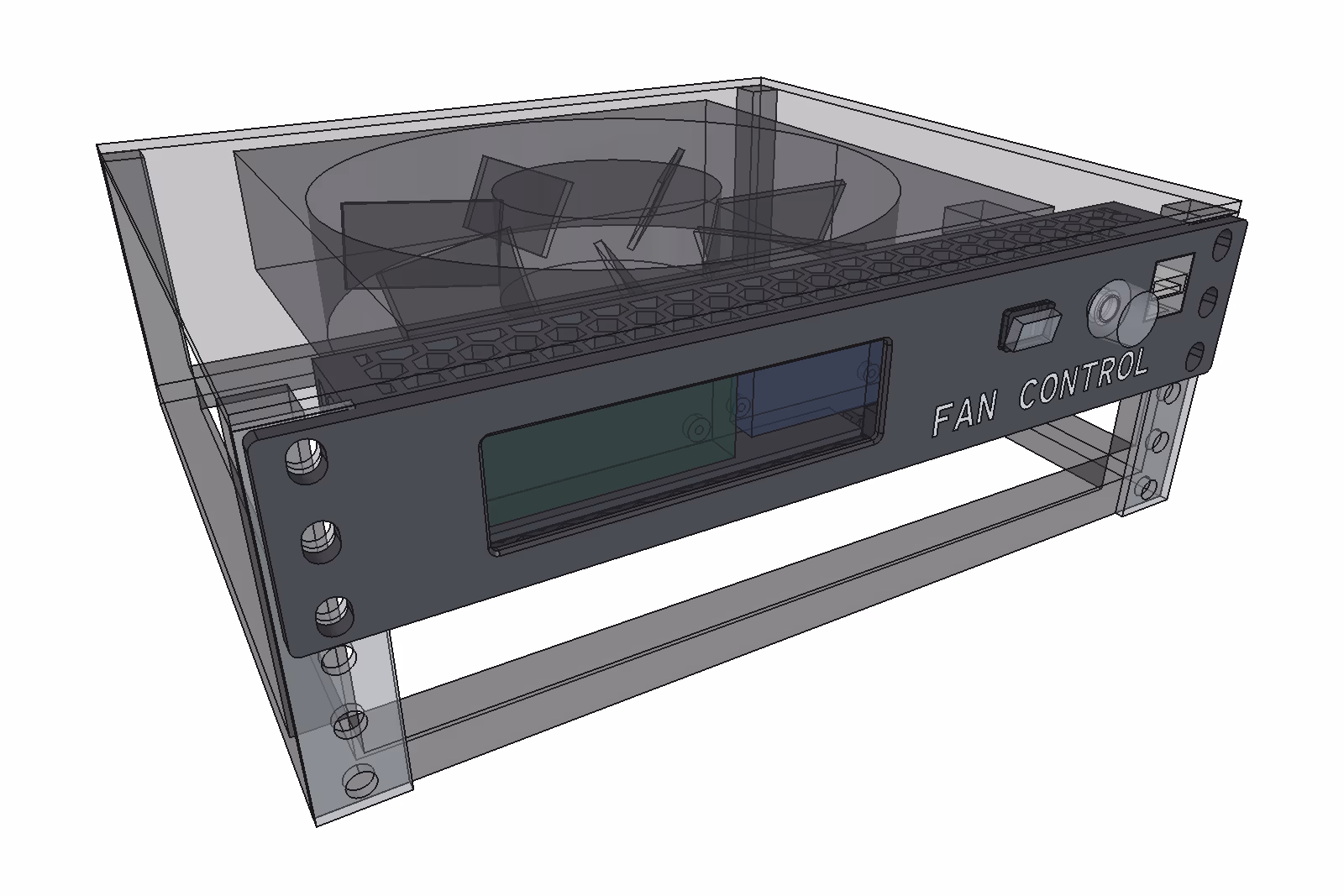 Fan controller, Labelled: in the top U of a 10-inch rack, with the HAVN H18 fan behind it, from the front