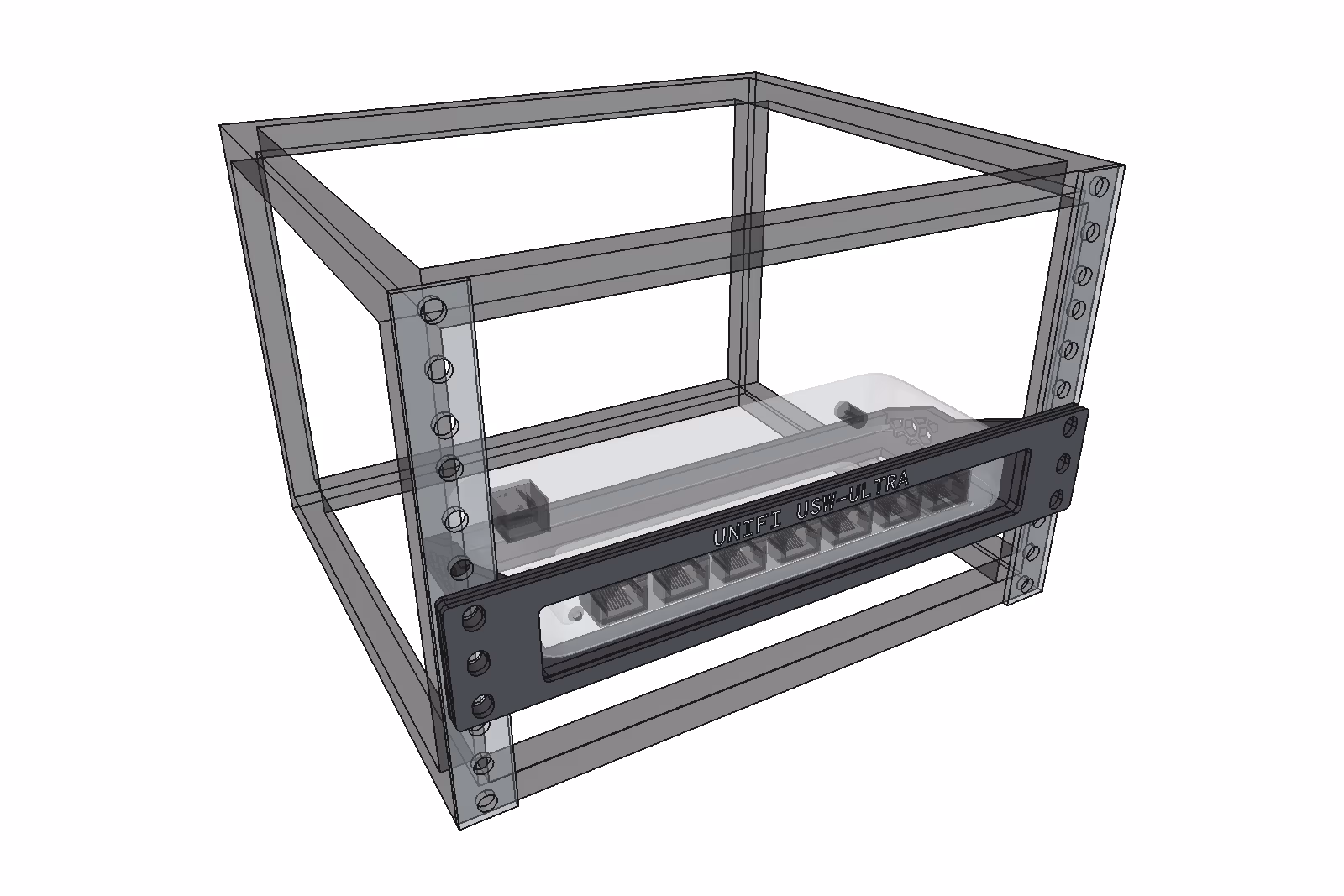 Switch Ultra tray, Window · Labelled: in a 10-inch rack with a UniFi Switch Ultra, from the front