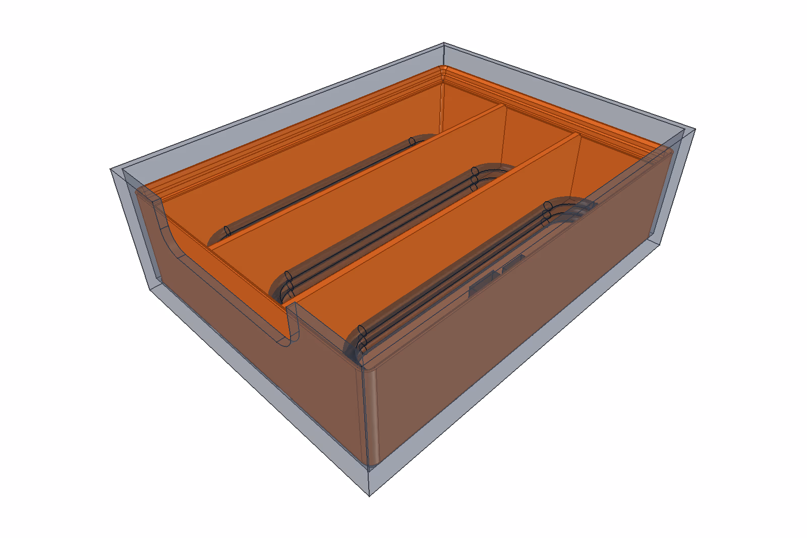 Gridfinity cable bin, 3x4 · 6U · 3: seated in the matching drawer with illustrative cable coils, drawer and cables translucent